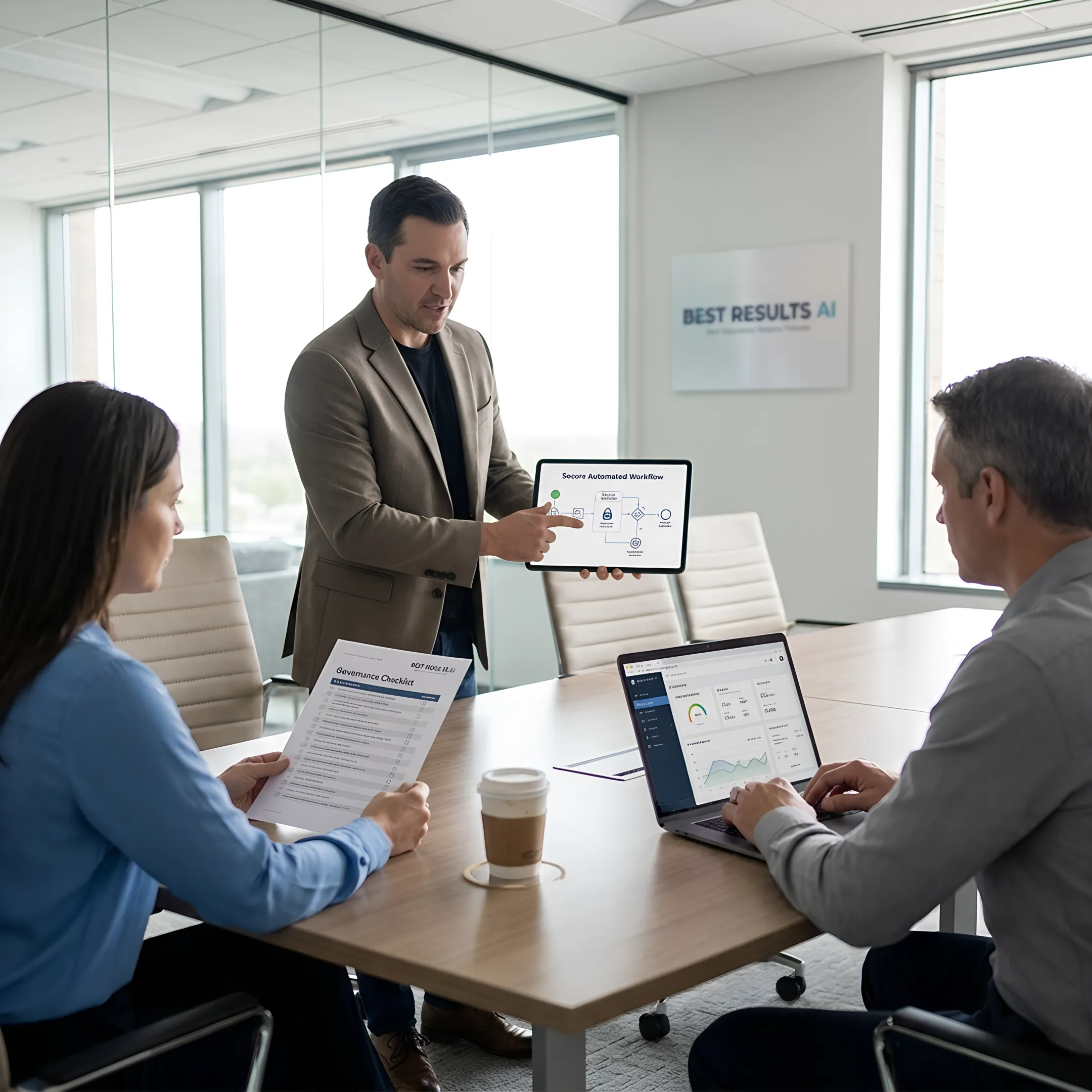 Consultant reviewing secure AI workflow