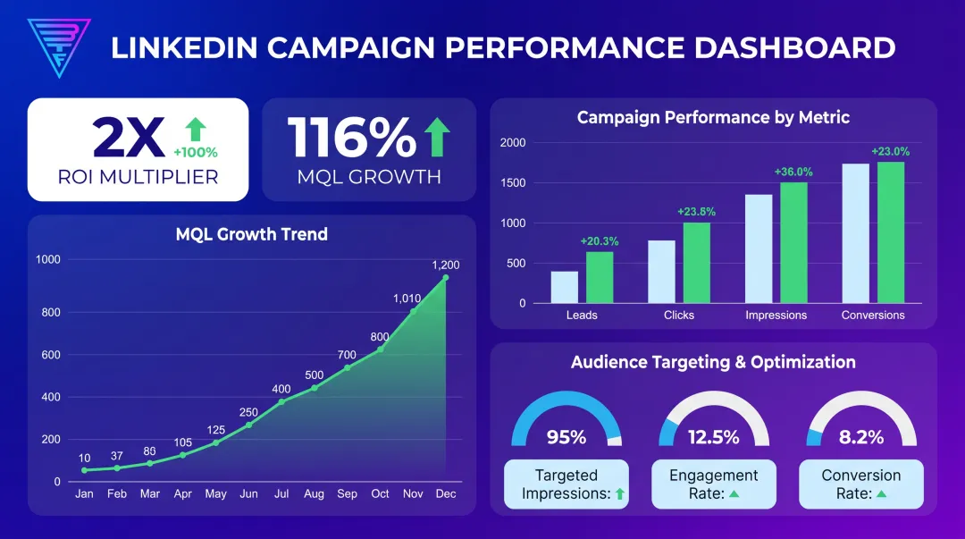 Beyond the Funnel LinkedIn campaign performance dashboard displaying ROI growth metrics