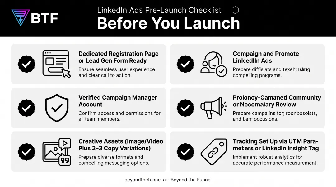 Pre-launch checklist for LinkedIn Ads webinar registration campaign setup