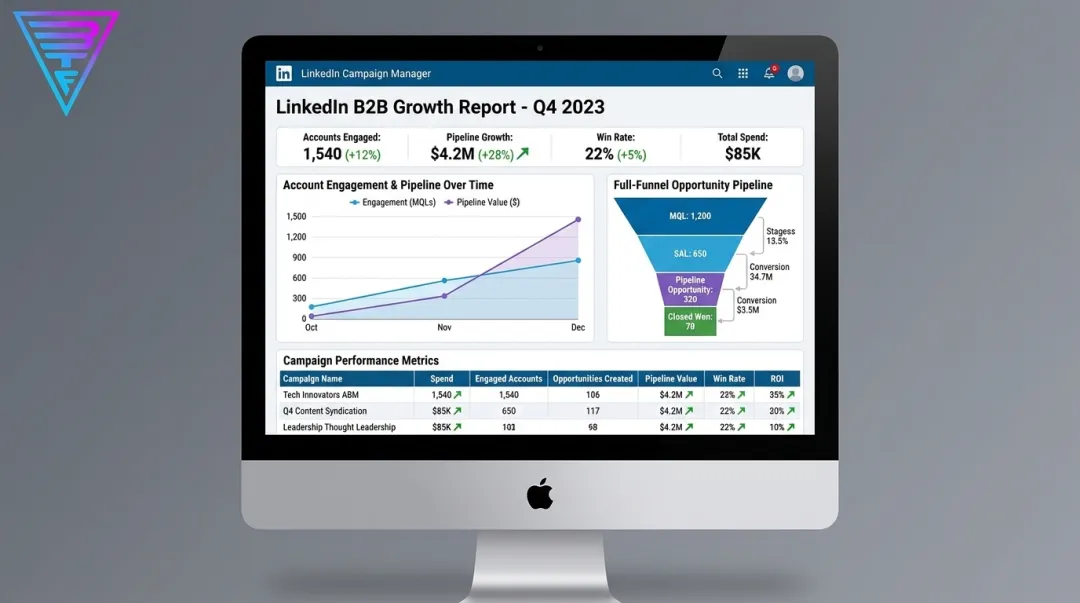 LinkedIn advertising dashboard displaying B2B pipeline growth and campaign metrics