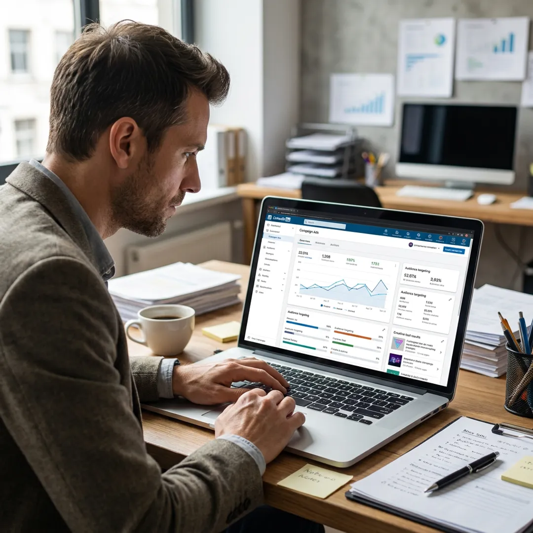 LinkedIn advertising consultant reviewing campaign performance