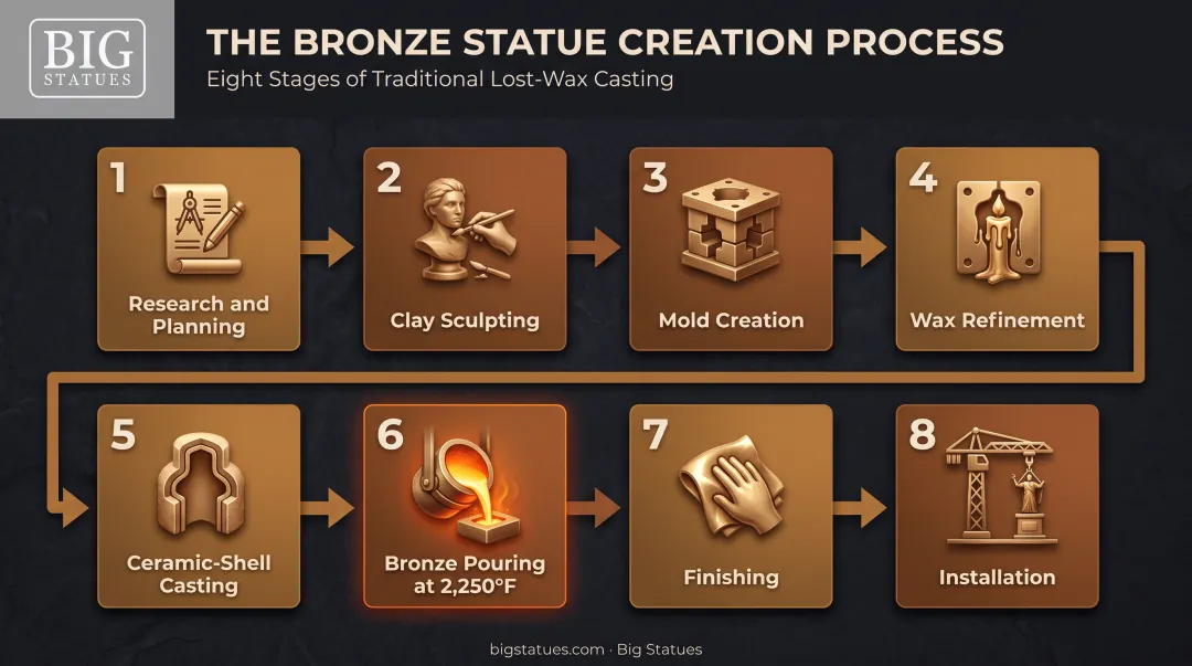 Eight-stage bronze statue production process from research to installation