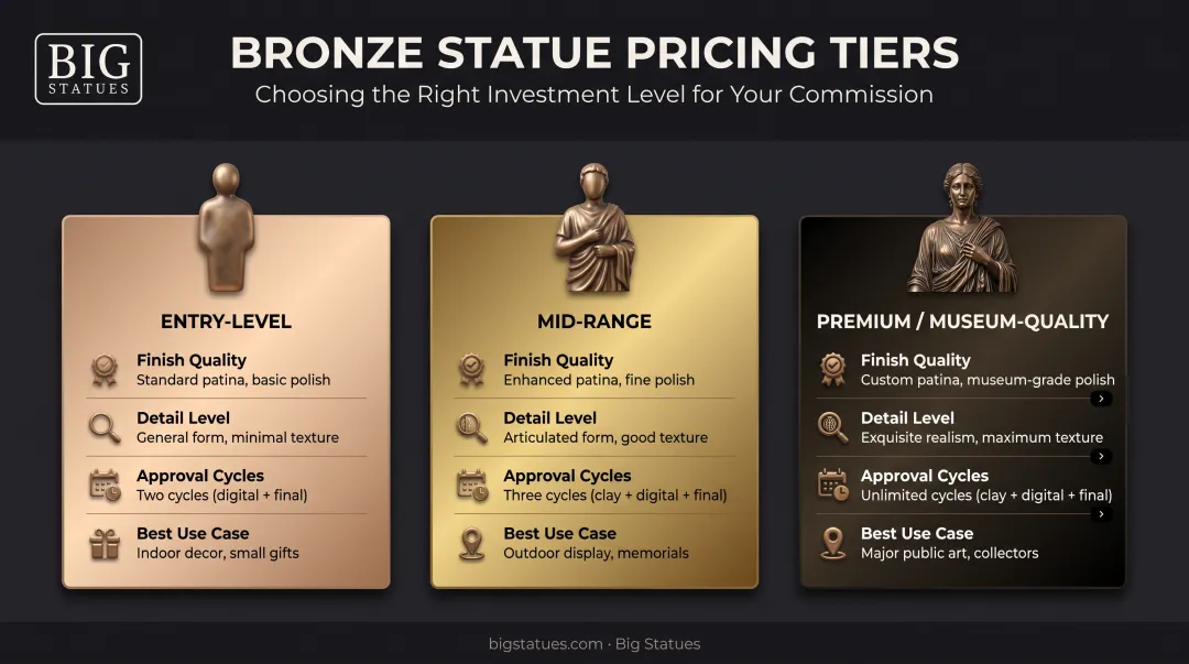 Three-tier bronze statue pricing comparison chart entry mid premium
