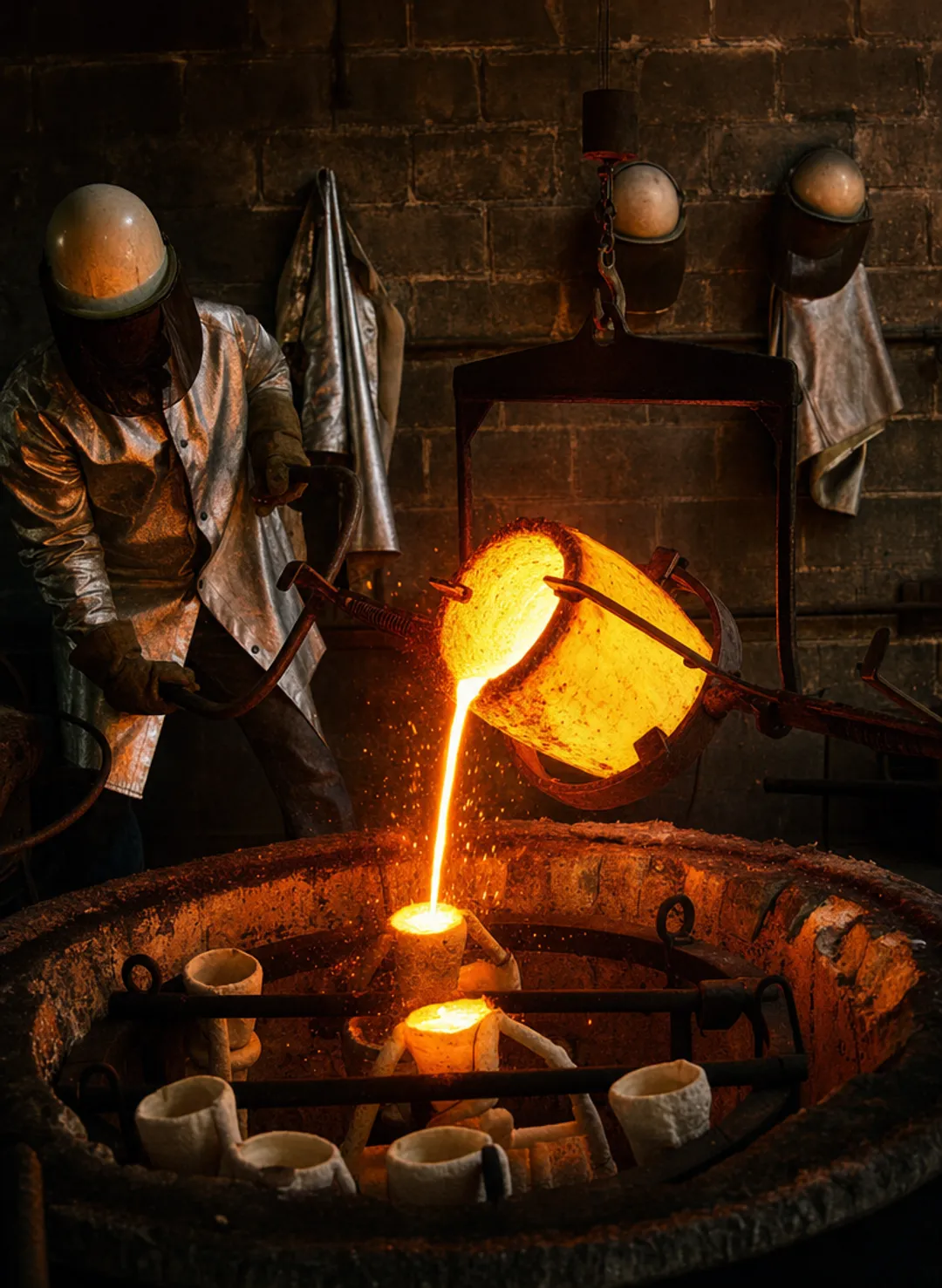 Lost-wax bronze casting process showing molten metal pour