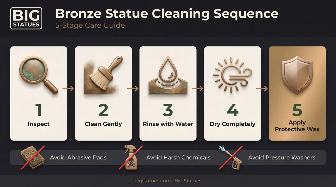 Bronze sculpture cleaning steps sequence for outdoor maintenance