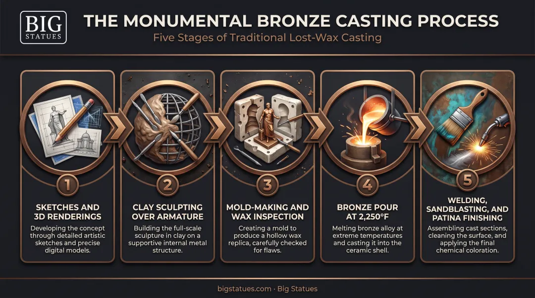 Bronze statue casting process from clay sculpt to patina finish