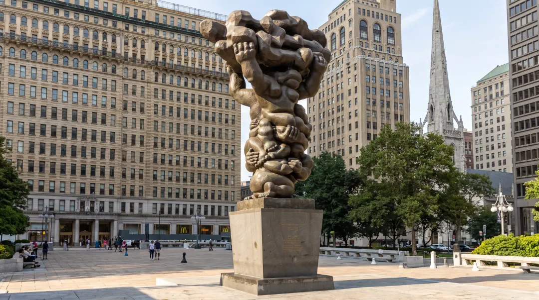 Bronze civic monument installed in city plaza public space