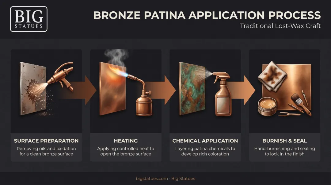 4-step bronze patina application process from prep to sealing
