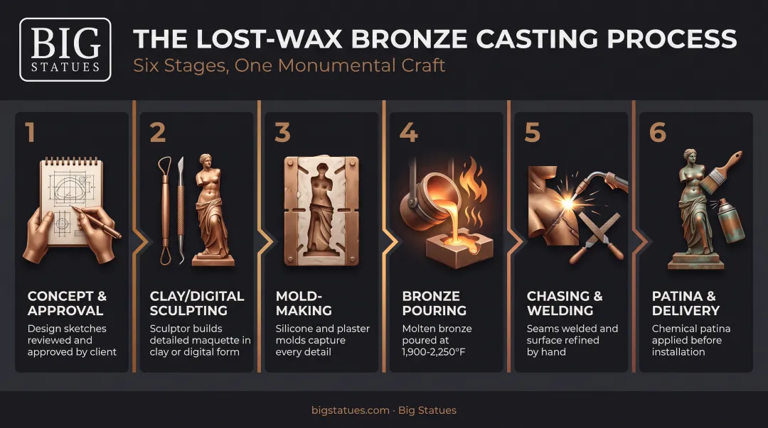 6-step lost-wax bronze casting process from sculpting to finishing