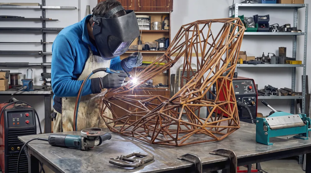 Metal fabricator welding steel sculpture panels in workshop setting