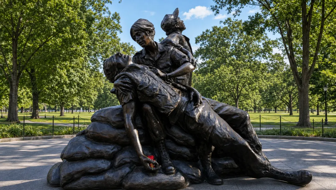 Vietnam Women's Memorial bronze statue depicting nurses and wounded soldier