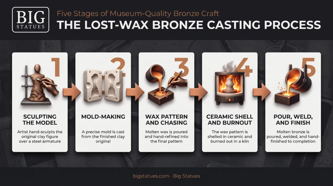 5-step lost-wax bronze casting process from clay to patina