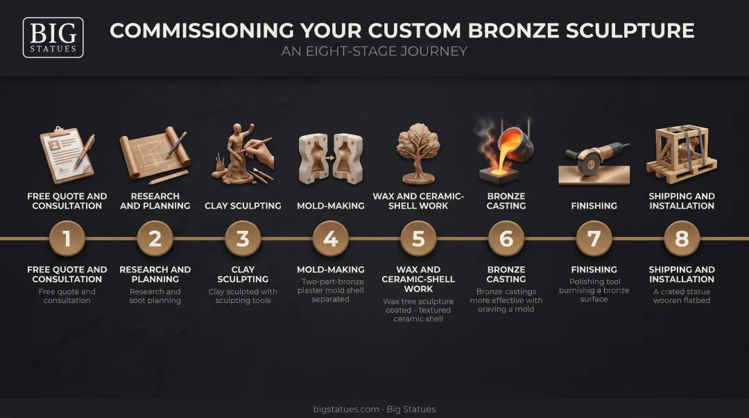 Eight-stage custom bronze sculpture commissioning process timeline