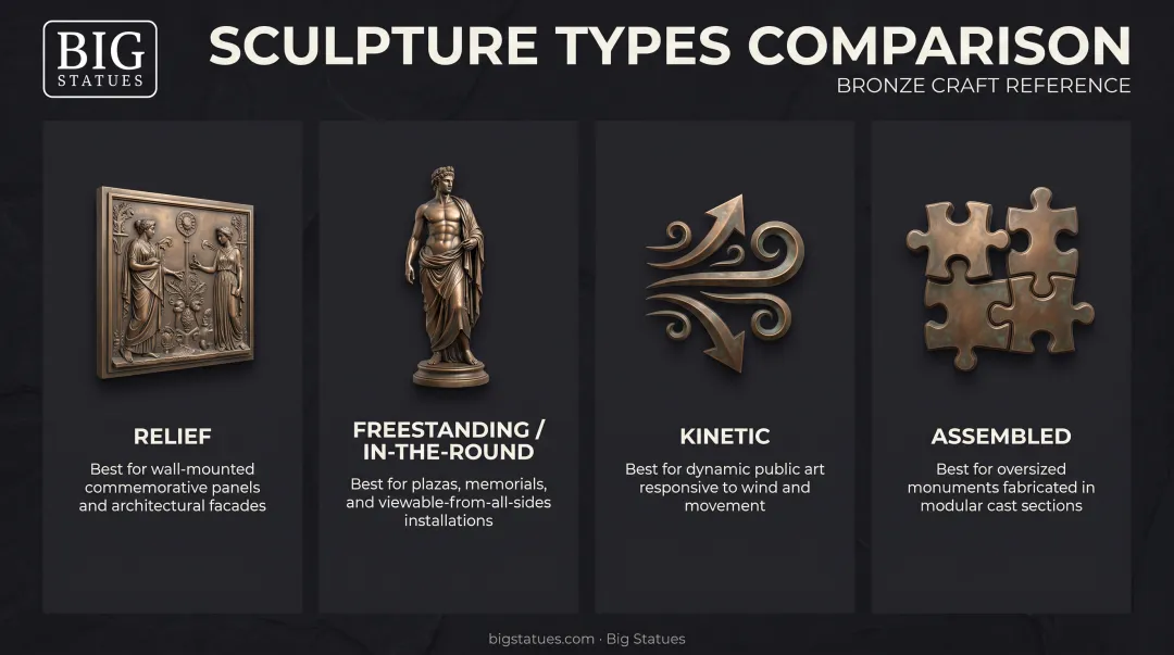Four main sculpture types comparison relief freestanding kinetic assembled