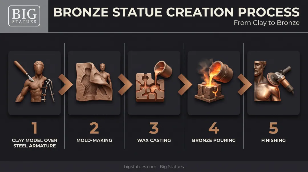Bronze statue production process from clay model to final cast