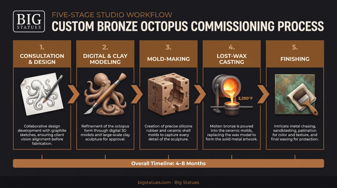 5-stage bronze octopus sculpture commissioning process from consultation to finishing
