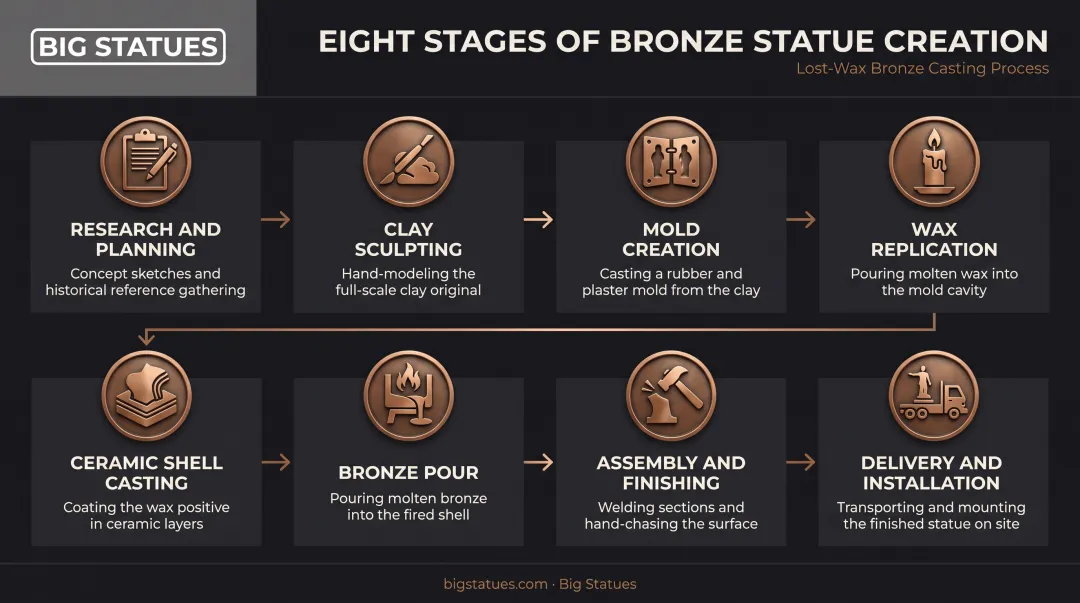8-stage bronze statue commissioning process from sculpting to installation