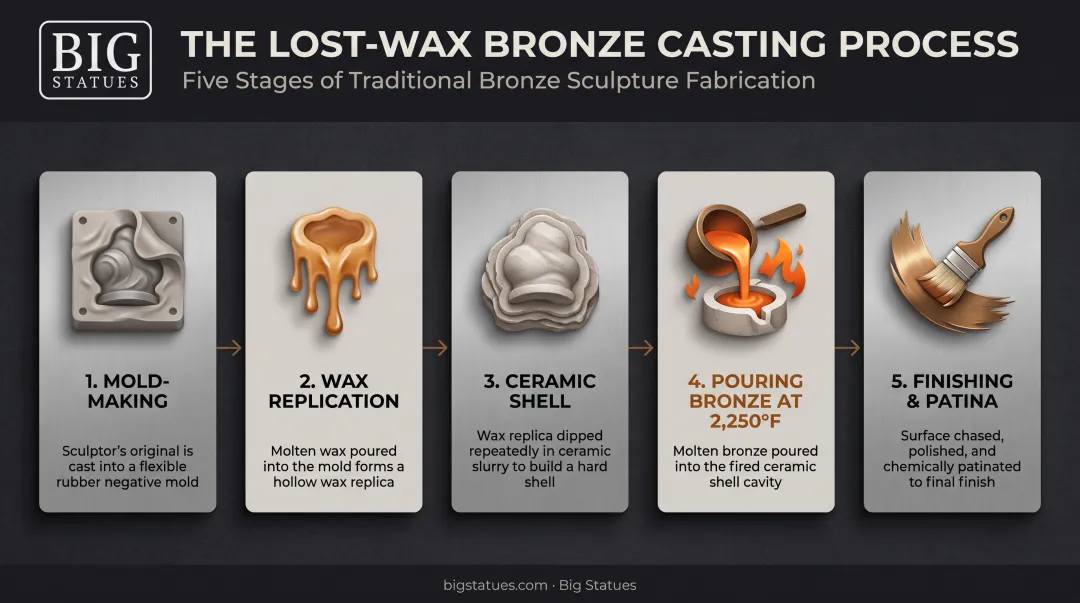 5-stage lost-wax bronze casting process from mold to finished patina