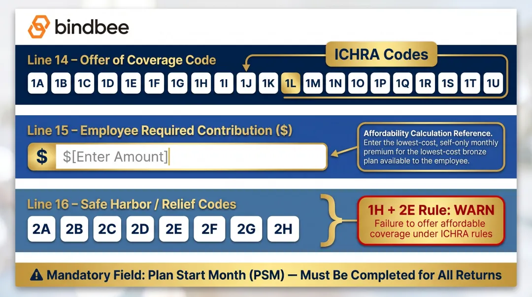 Form 1095-C Lines 14 15 and 16 coding structure and key combinations