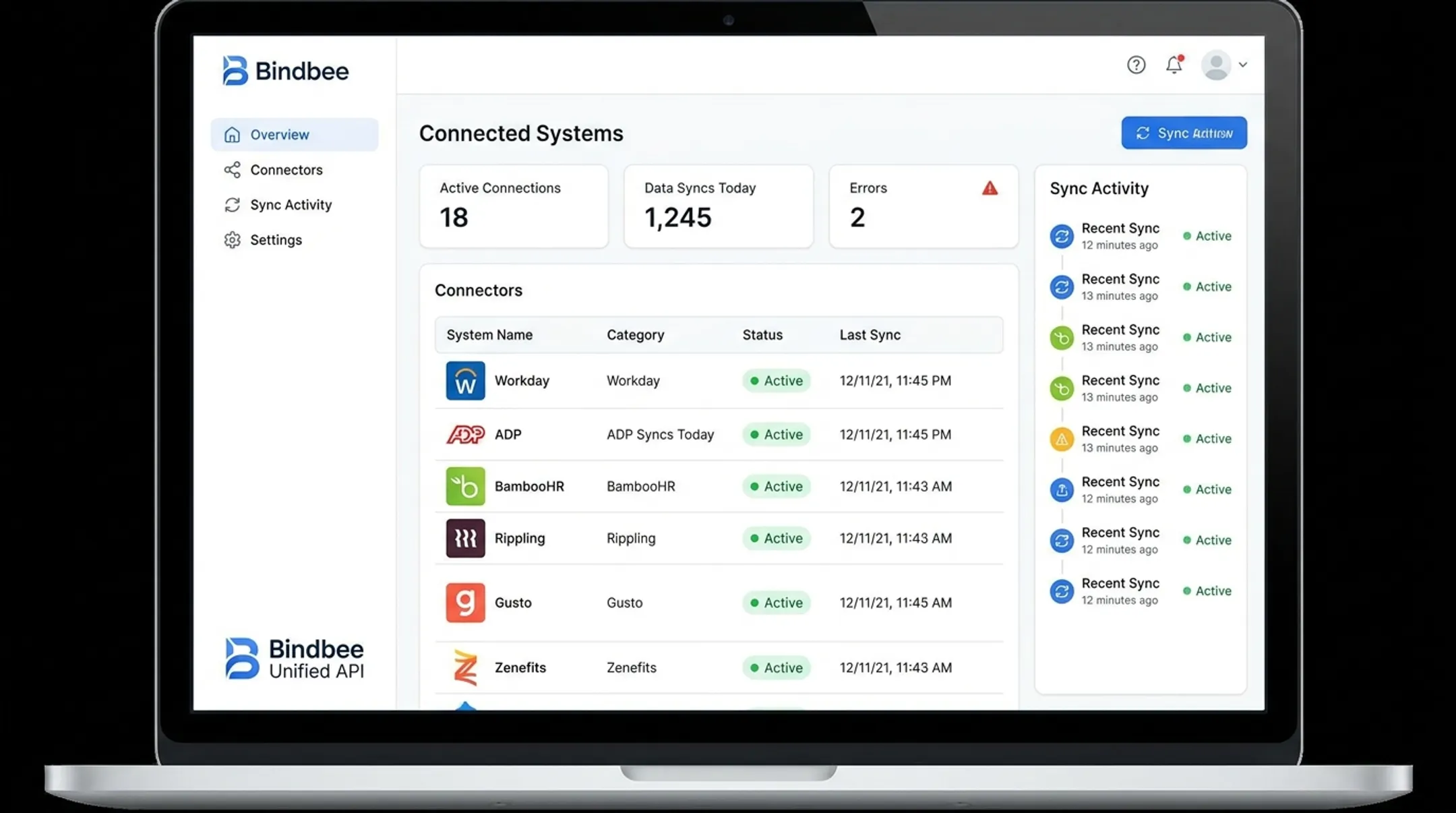 Bindbee unified API dashboard showing HRIS payroll and benefits connections