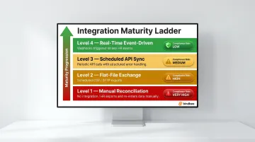 Four-level payroll integration maturity model from manual reconciliation to real-time events