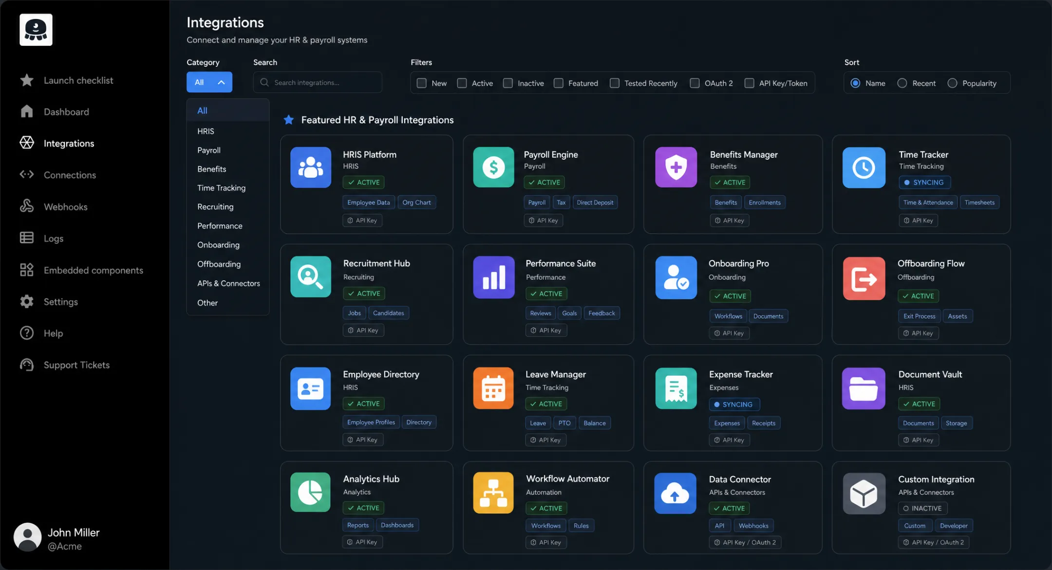 HR Tech platform dashboard displaying connected HRIS and payroll integrations