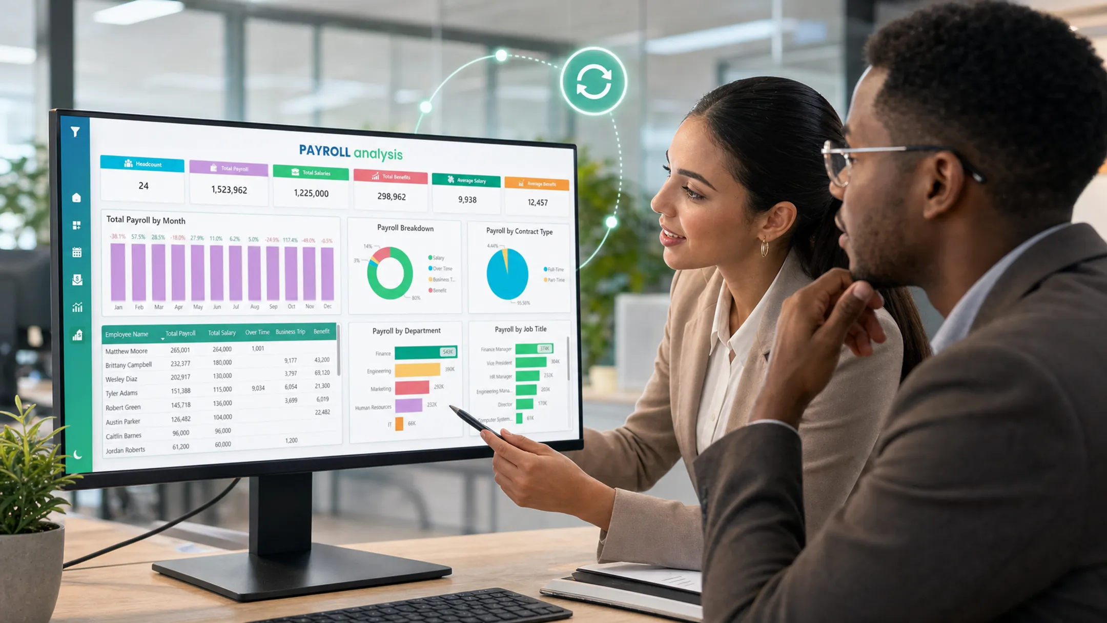 HR team reviewing integrated payroll and benefits data on dashboard screen