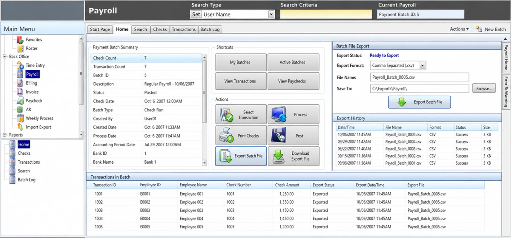 Legacy payroll and HRIS software interface showing batch file export screen