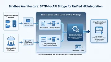 Bindbee SFTP-to-API Bridge architecture diagram unifying legacy and modern HR system connections