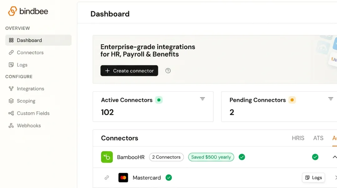 Unified HR API platform dashboard displaying HRIS integration connectors and sync status