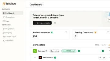 Unified HR API platform dashboard displaying HRIS integration connectors and sync status