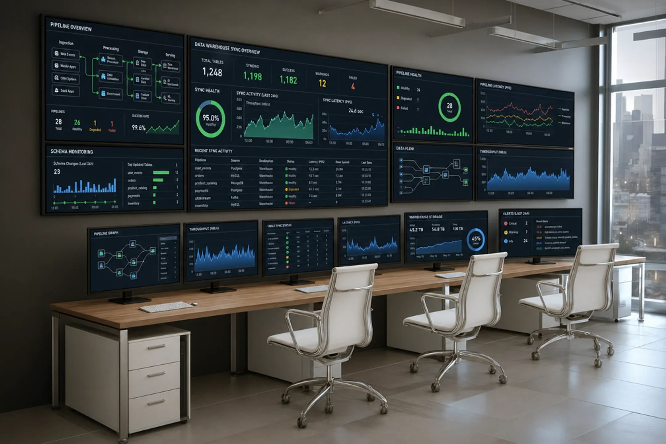 Data engineering team monitoring ELT pipeline replication dashboard