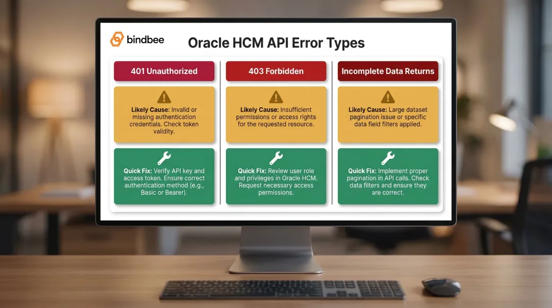 Oracle HCM API three common errors causes and fixes comparison table infographic