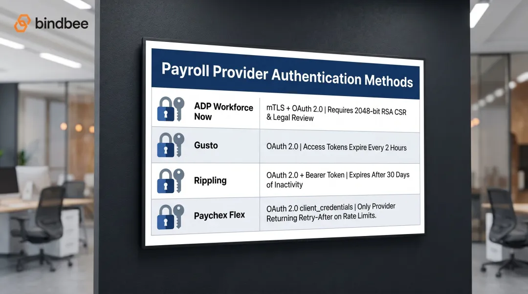 Payroll provider authentication methods comparison table ADP Gusto Rippling Paychex