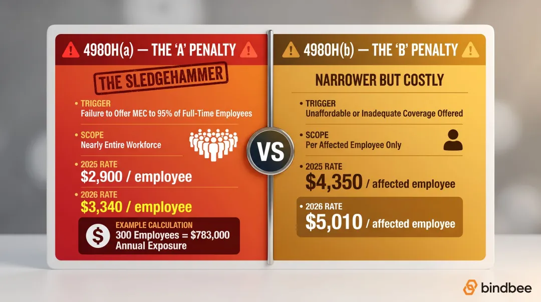 ACA 4980H(a) versus 4980H(b) penalty rates and triggers comparison chart 2025 2026