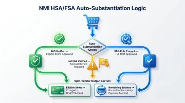 NMI split tender auto-substantiation three mode transaction flow diagram
