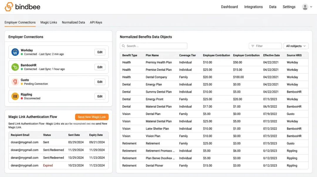 Bindbee unified HR API dashboard showing HRIS connections and benefits data sync