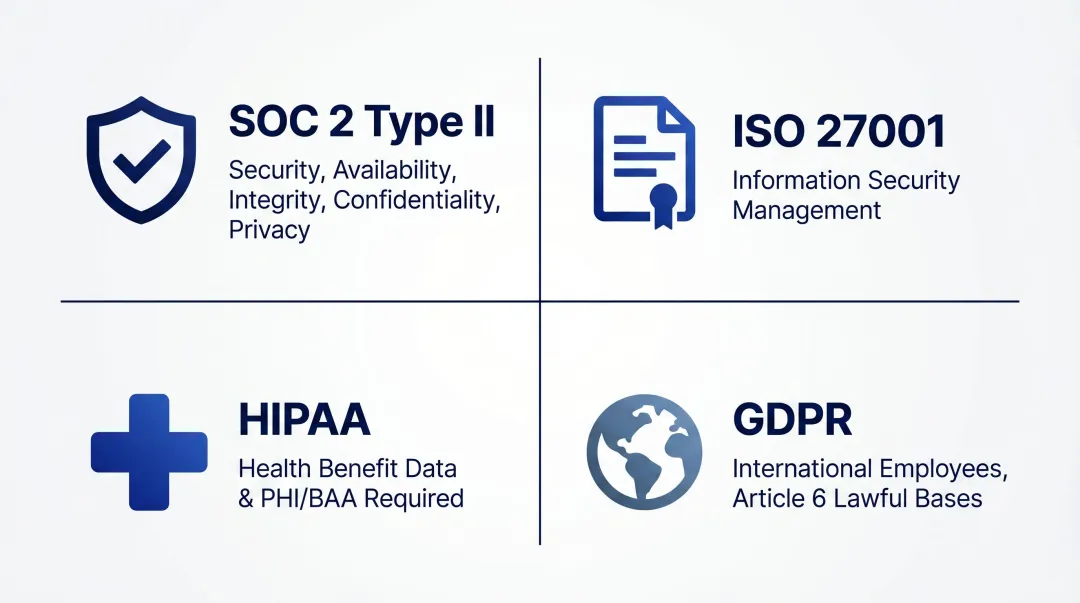 Four payroll integration compliance certifications SOC 2 ISO 27001 HIPAA GDPR comparison