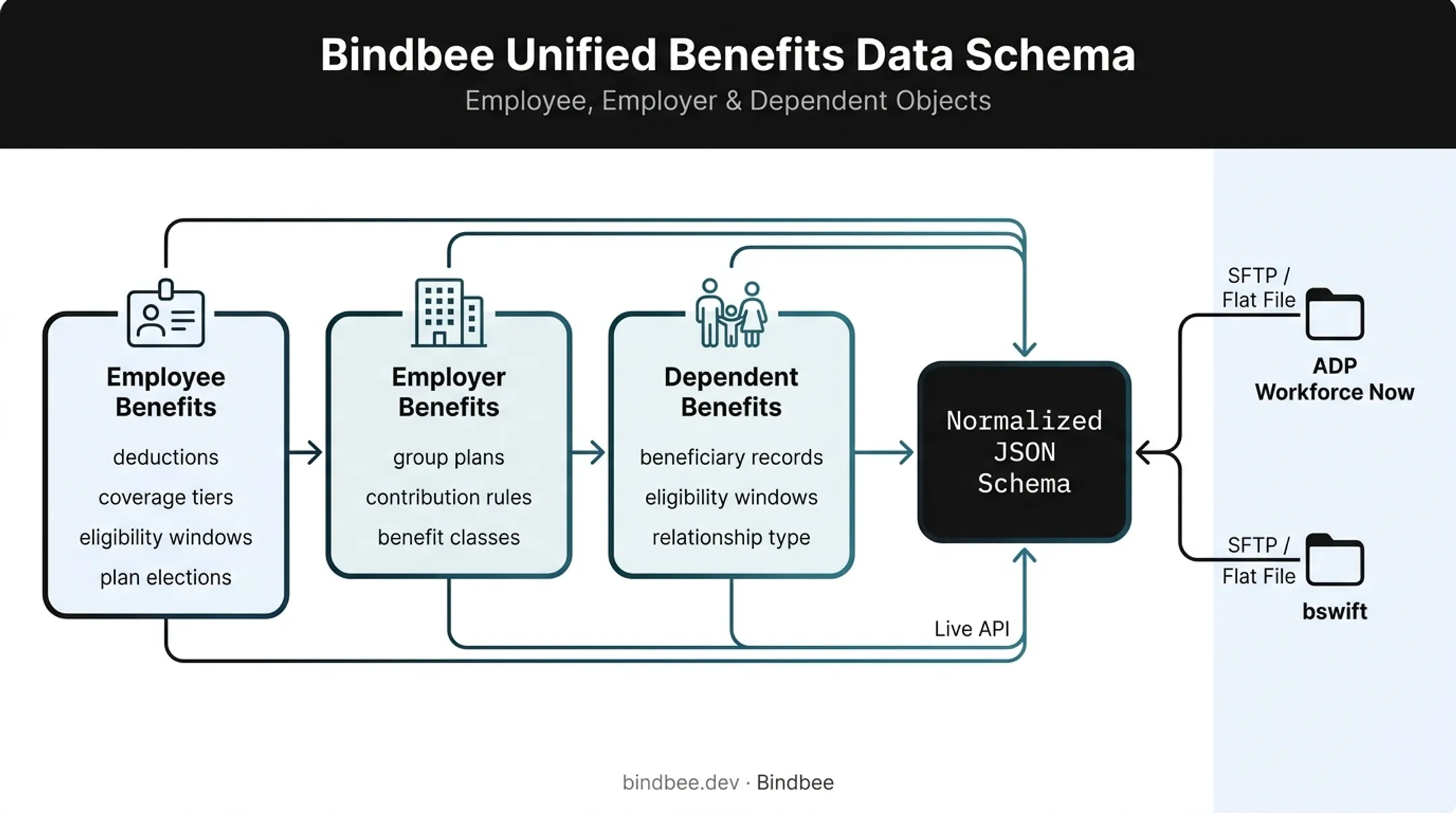 Bindbee benefits data model showing employee employer and dependent objects