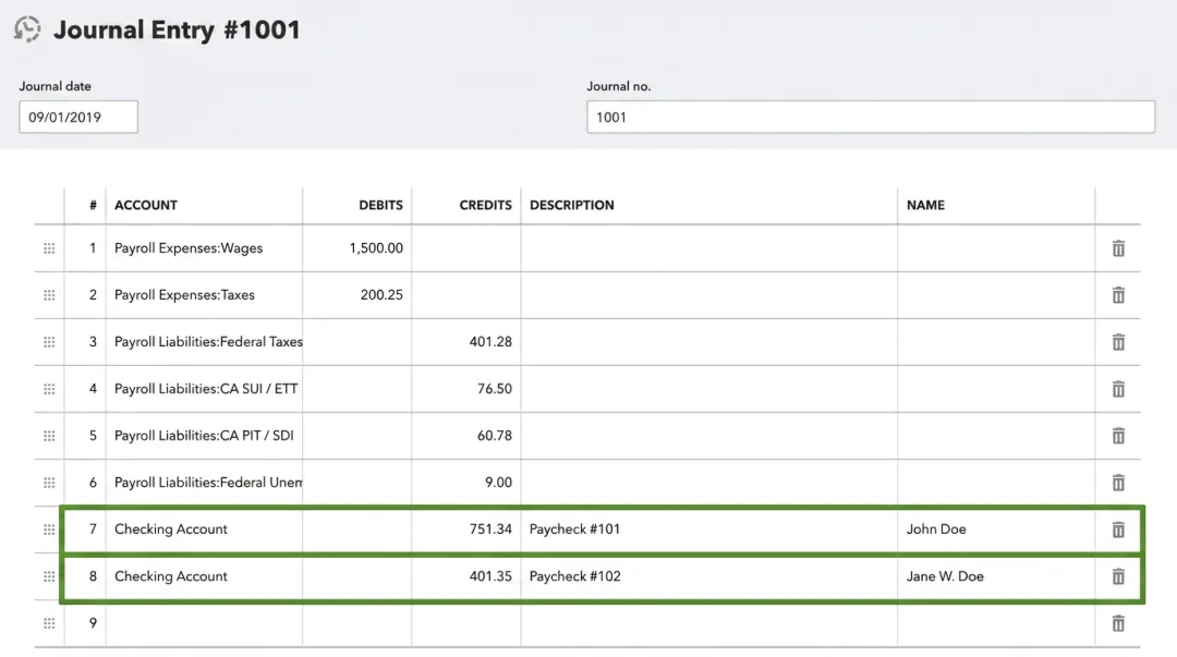 QuickBooks Online general ledger dashboard showing automated payroll journal entry sync
