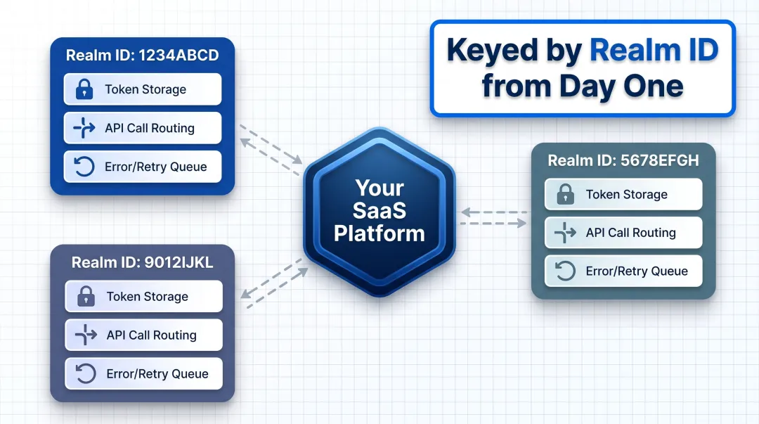 Multi-tenant QuickBooks integration architecture with per-realm token storage and routing