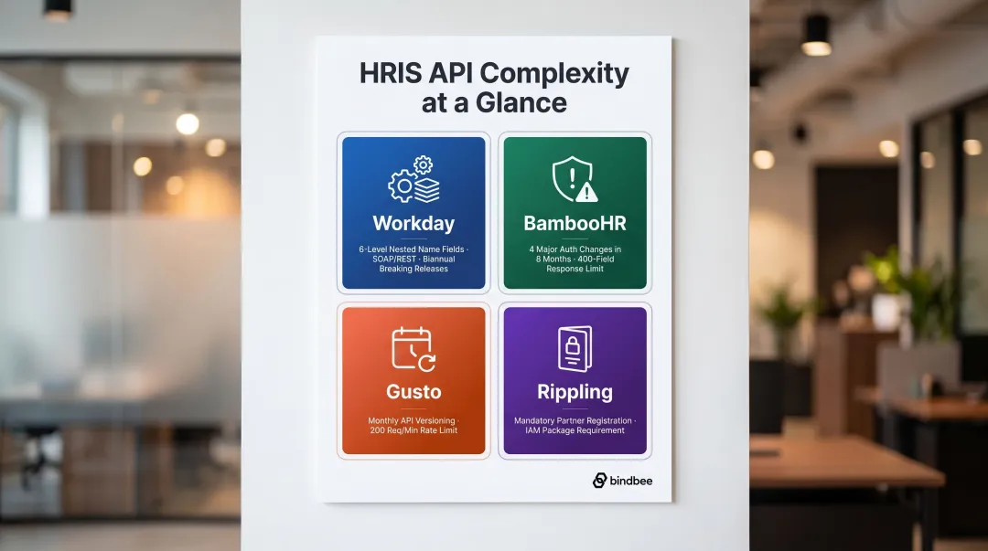 Four major HRIS platforms API complexity quirks comparison infographic