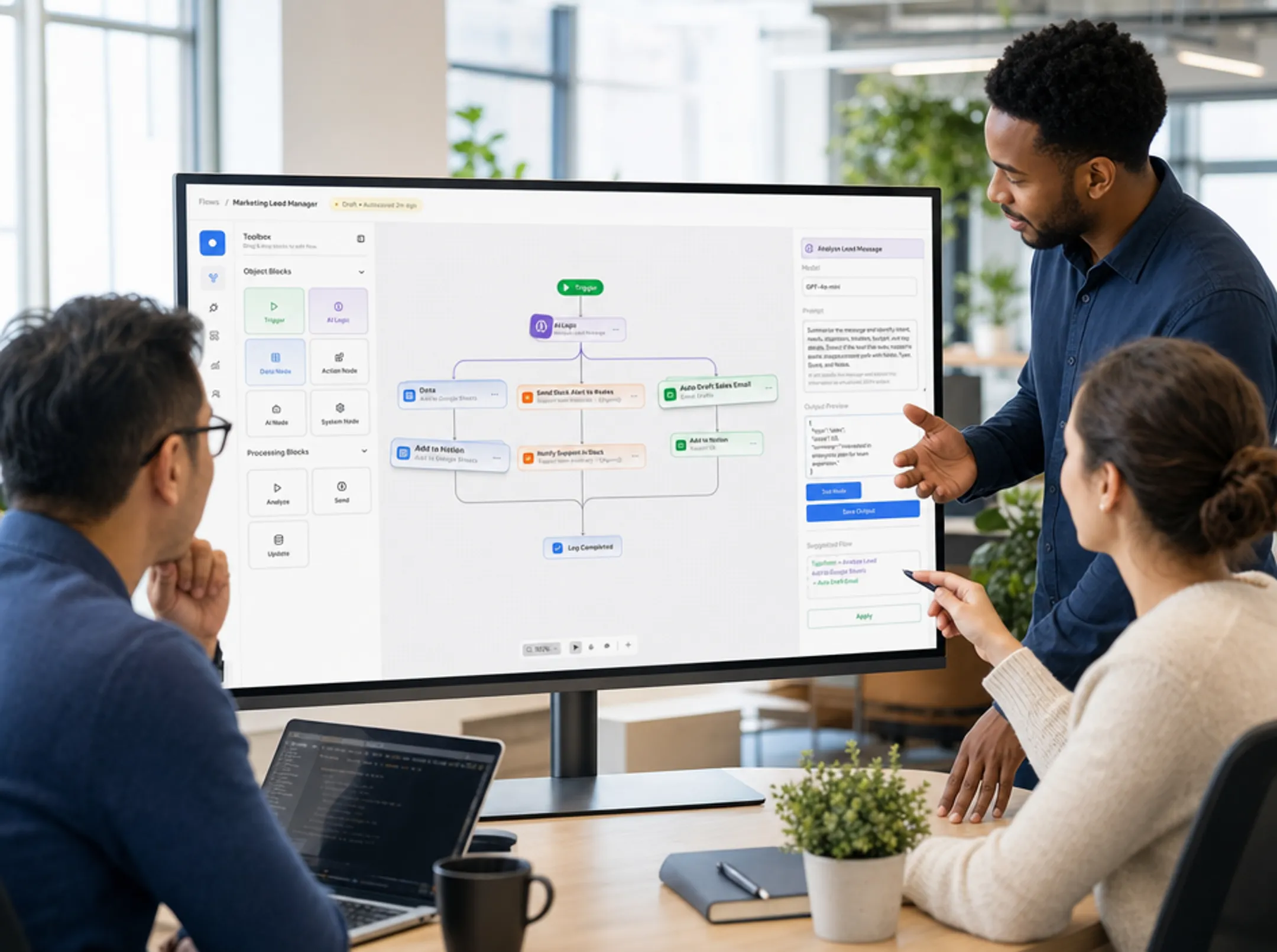 Business team reviewing cloud integration workflow on computer screen