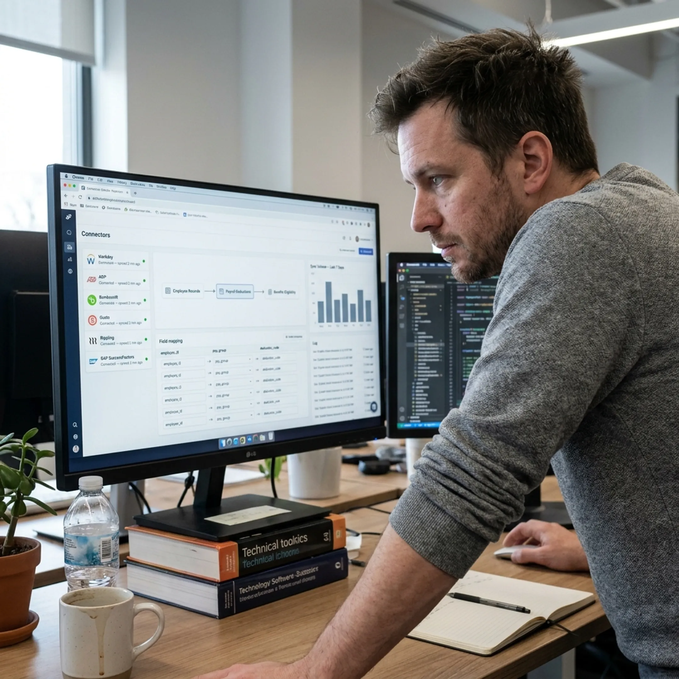 Developer reviewing SAP payroll integration data flows on a laptop dashboard