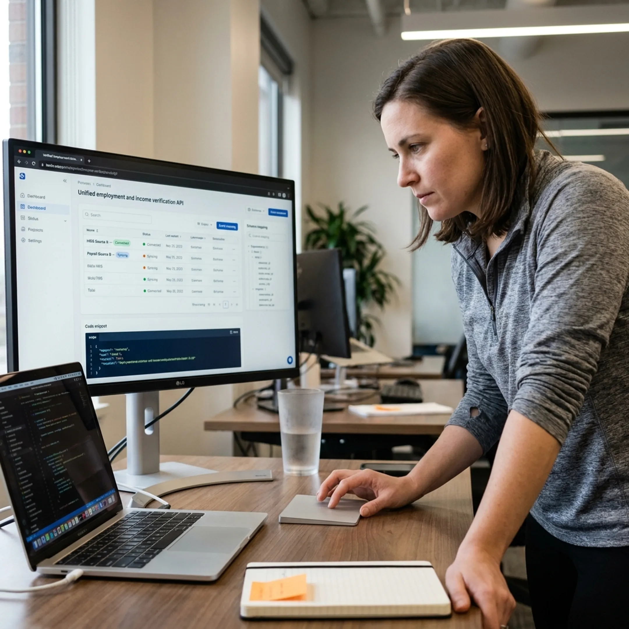 Developer reviewing employment and payroll data integration dashboard