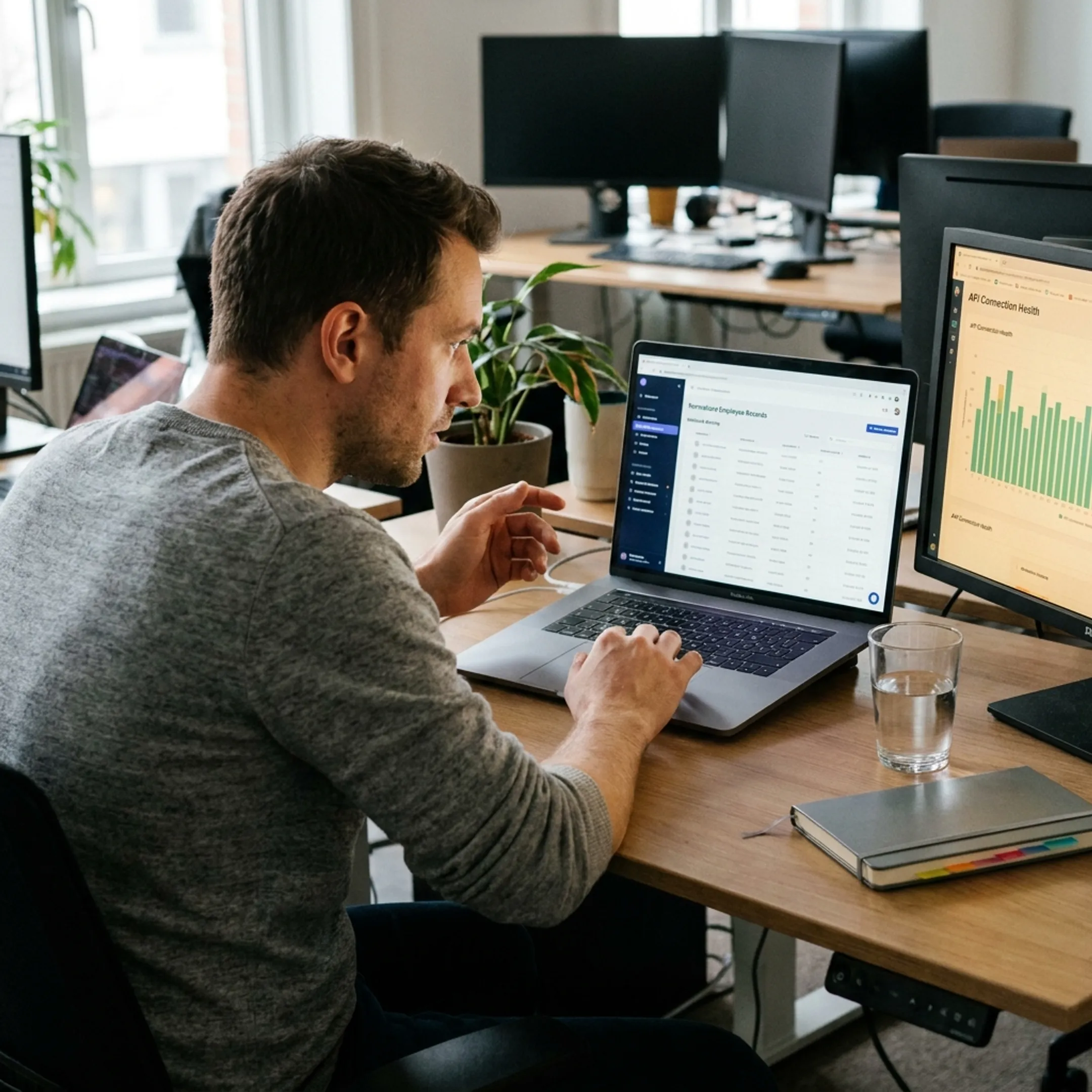 Developer reviewing employee data API integrations on a laptop dashboard