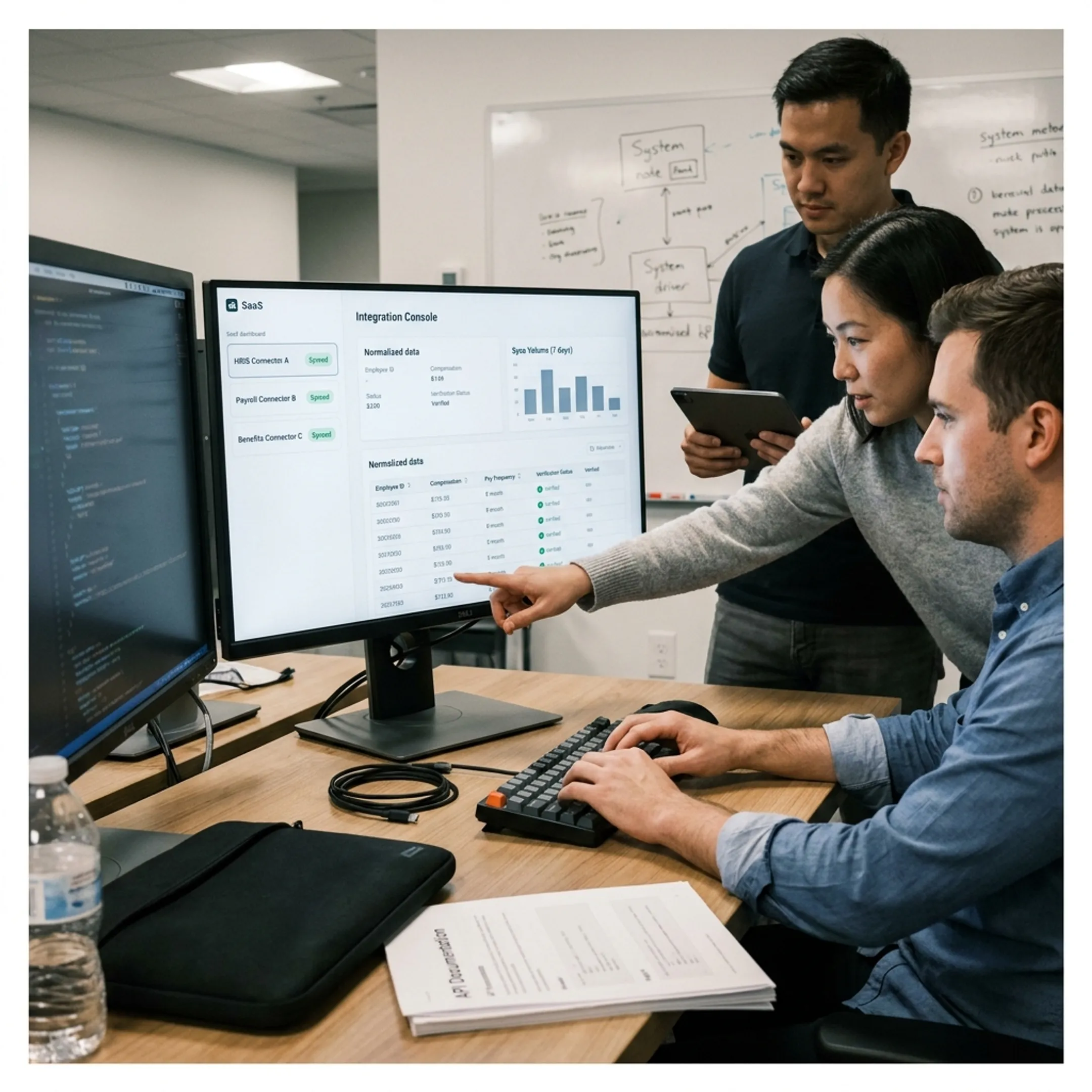 Developer reviewing income verification API data dashboard
