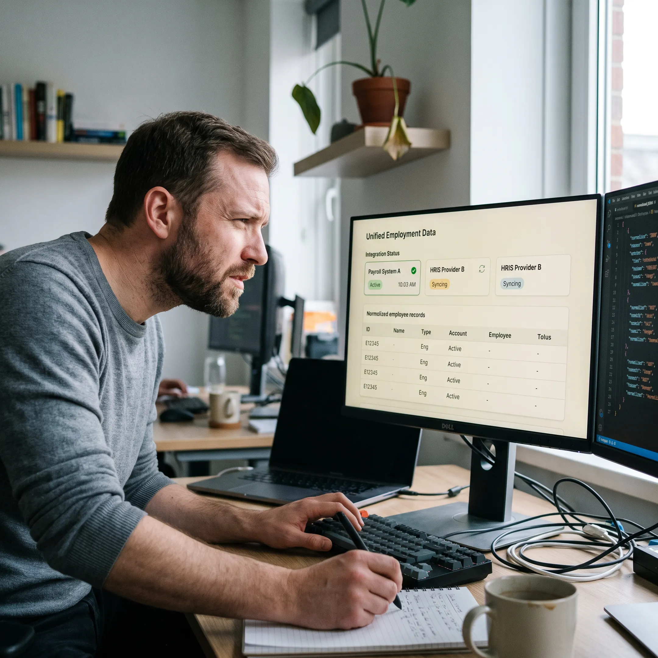 Developer reviewing normalized employment data from multiple HR systems in an API dashboard