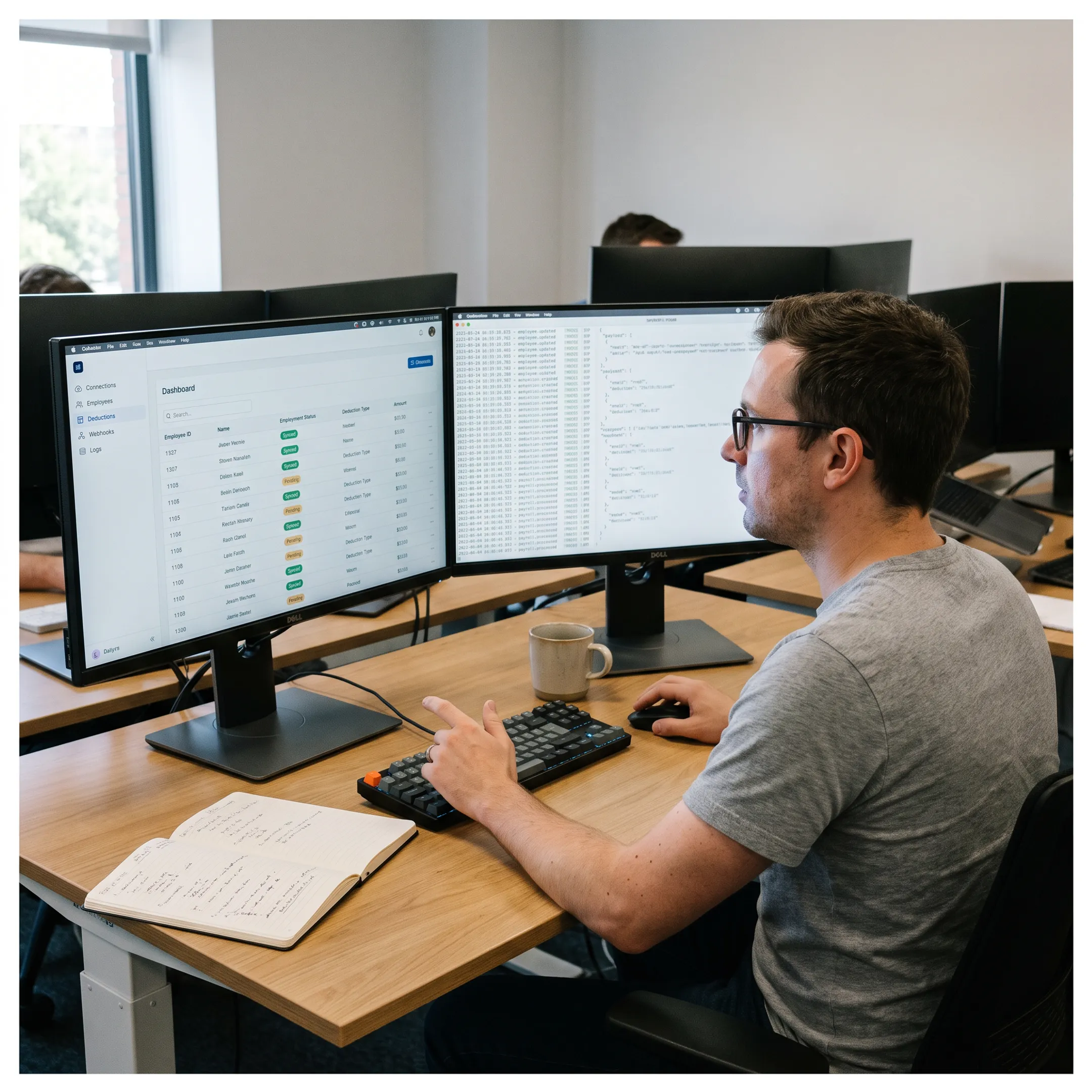 Developer reviewing payroll API integration data on a laptop
