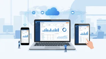 Cloud-based business software dashboard accessed across multiple devices and locations